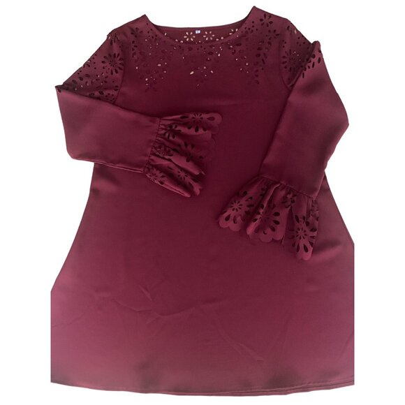 Red Maroon Long Sleeve Laser Cut A-Line Shift Dress With Floral Detailing XL - Picture 8 of 10
